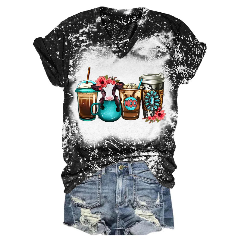 Blooms Brews Floral Babe Cow Coffee Drink Tie-Dye V-Neck T-Shirt